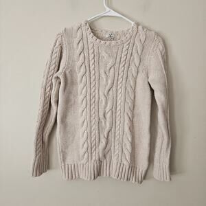 LL Bean Cable Knit Sweater M Beige Pink Cotton Crewneck Preppy Fisherman